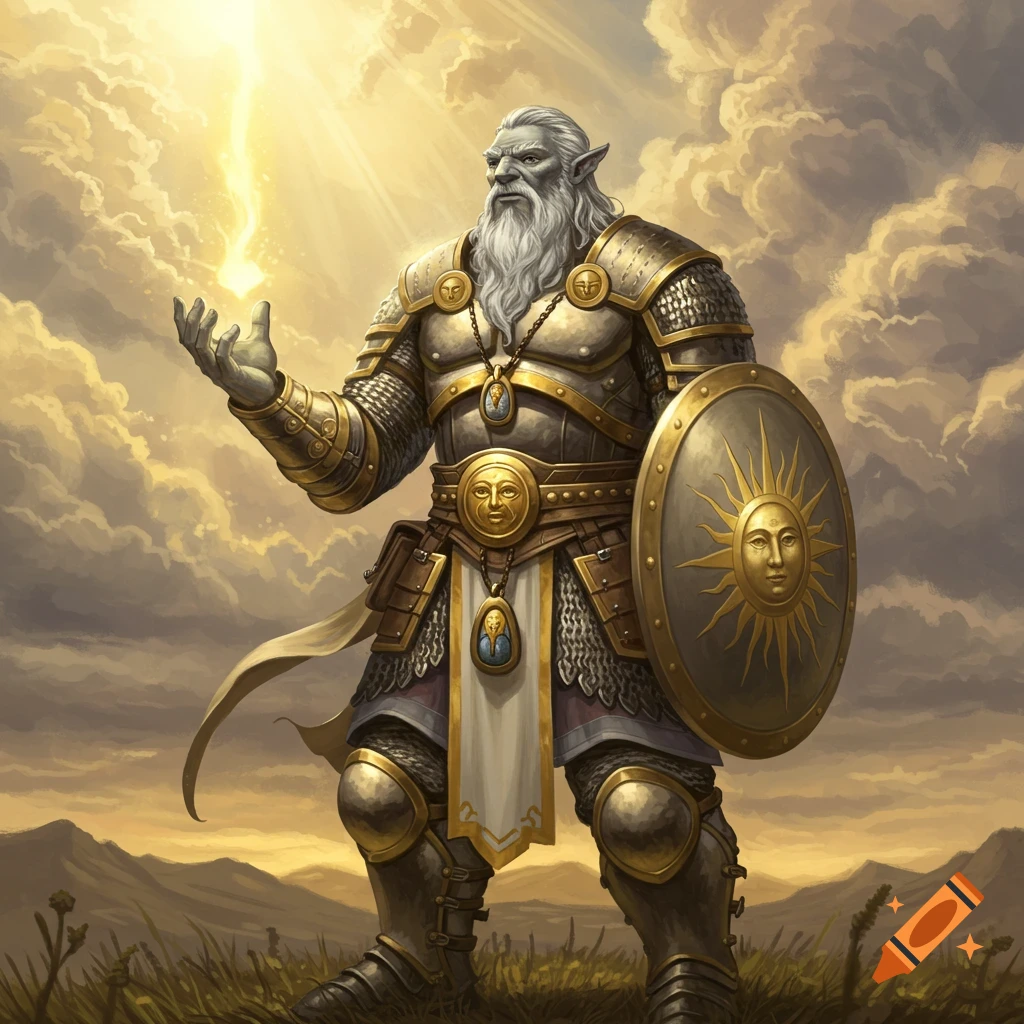 A grey-skinned Cloud Goliath Light Cleric in ornate gold and silver armor with a sun emblem shield, conjuring light from his hand.