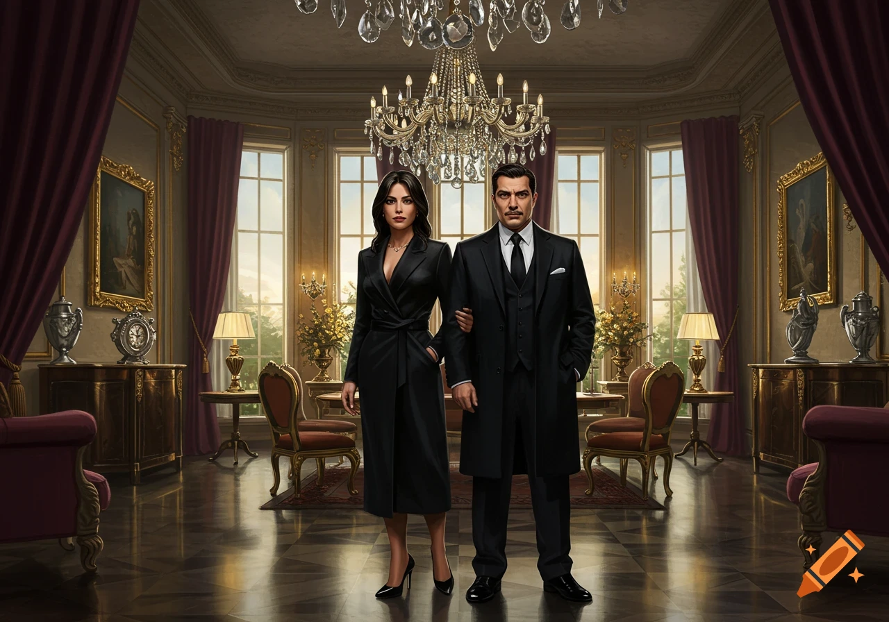 A formally dressed man and woman standing arm-in-arm in a grand, luxurious mansion with a chandelier and large windows.