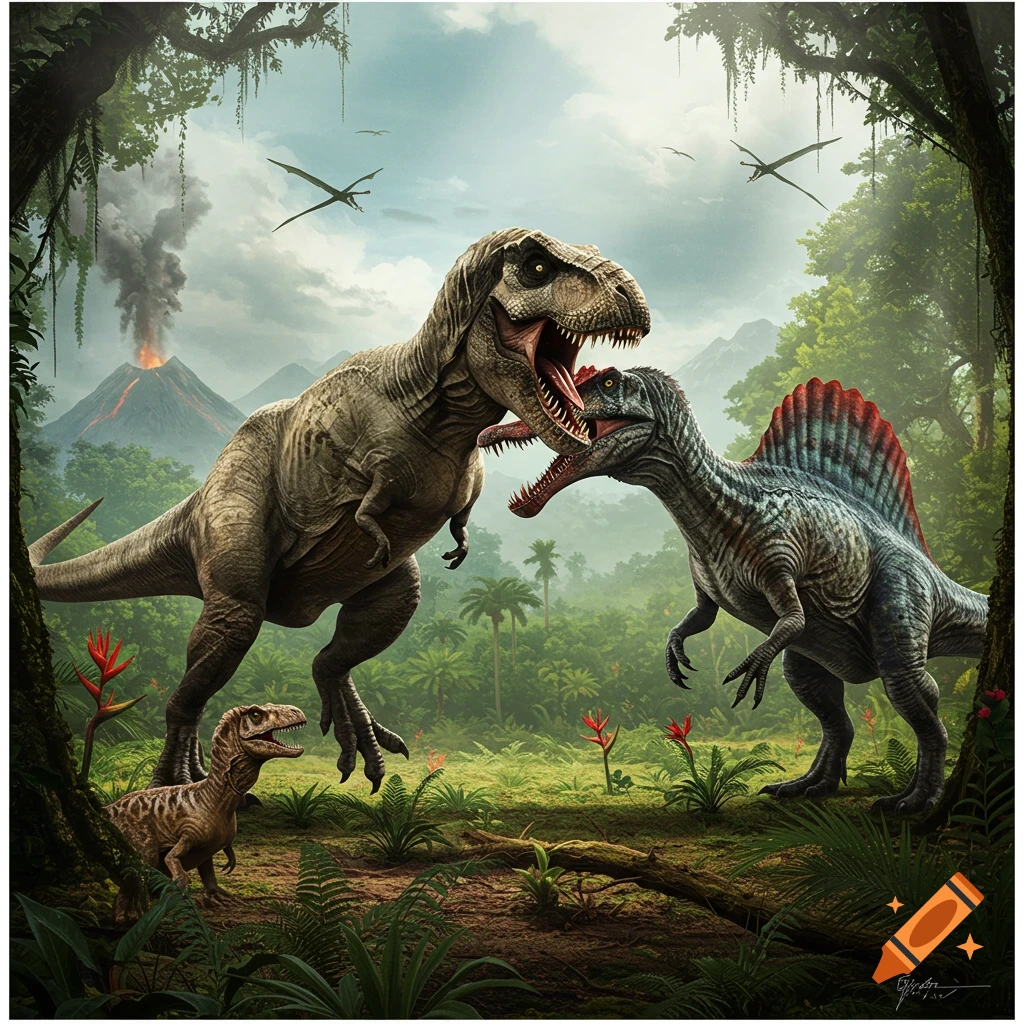 A large Tyrannosaurus Rex and Spinosaurus fight in a lush prehistoric jungle with a smoking volcano, as a baby T-Rex watches.