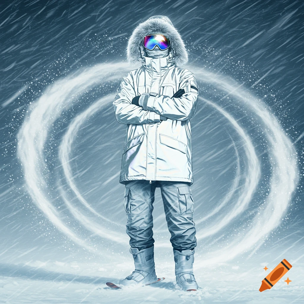 A person in a reflective white parka, cargo pants, and rainbow goggles stands with crossed arms in a swirling snowstorm.