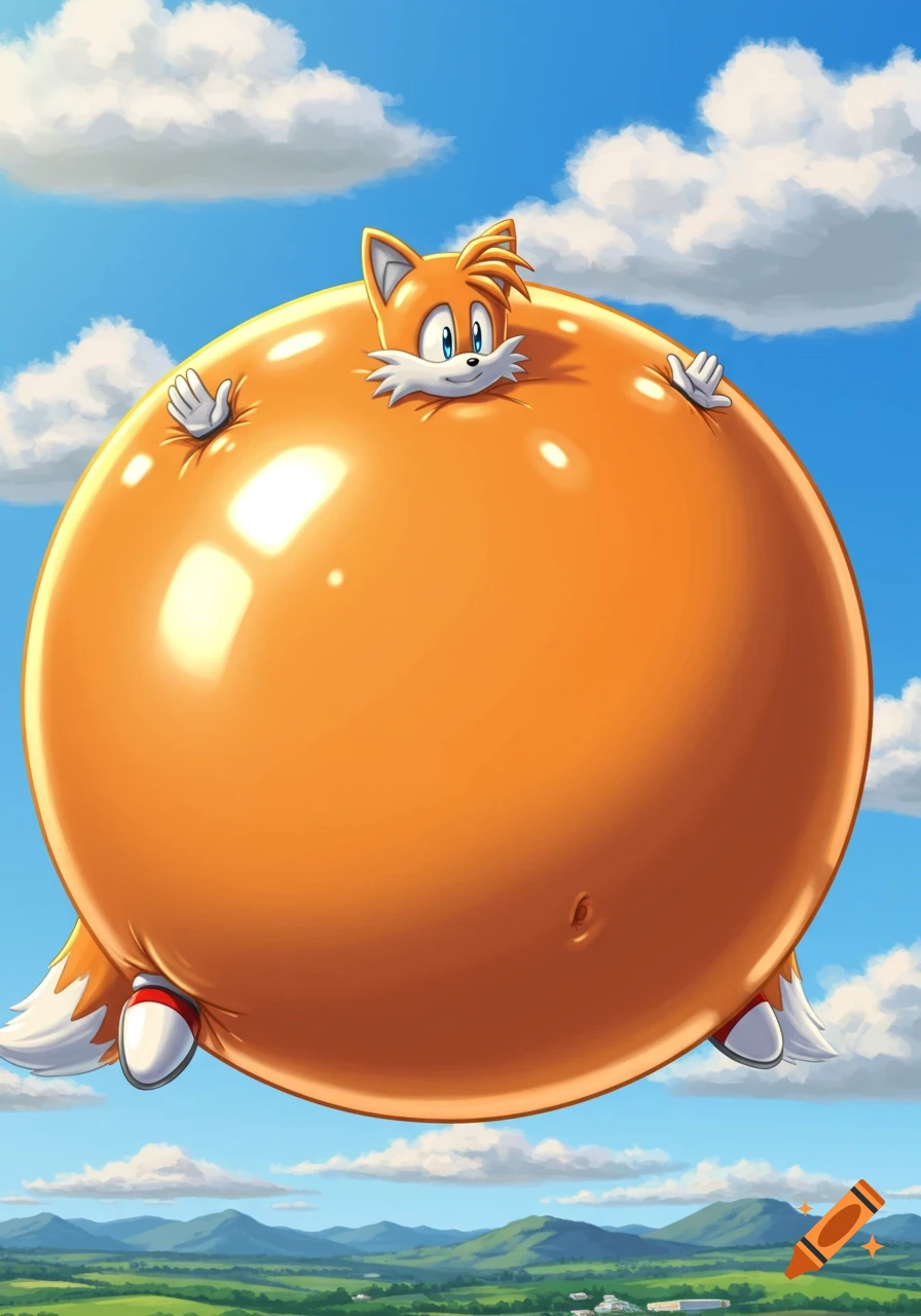 Tails the Fox, massively inflated like a shiny orange balloon, floats in a vibrant blue sky with white clouds over a green landscape.
