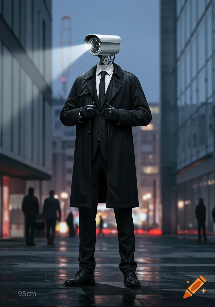 A man with a CCTV camera for a head, wearing a black suit and trench coat, stands on a wet city street at dusk.