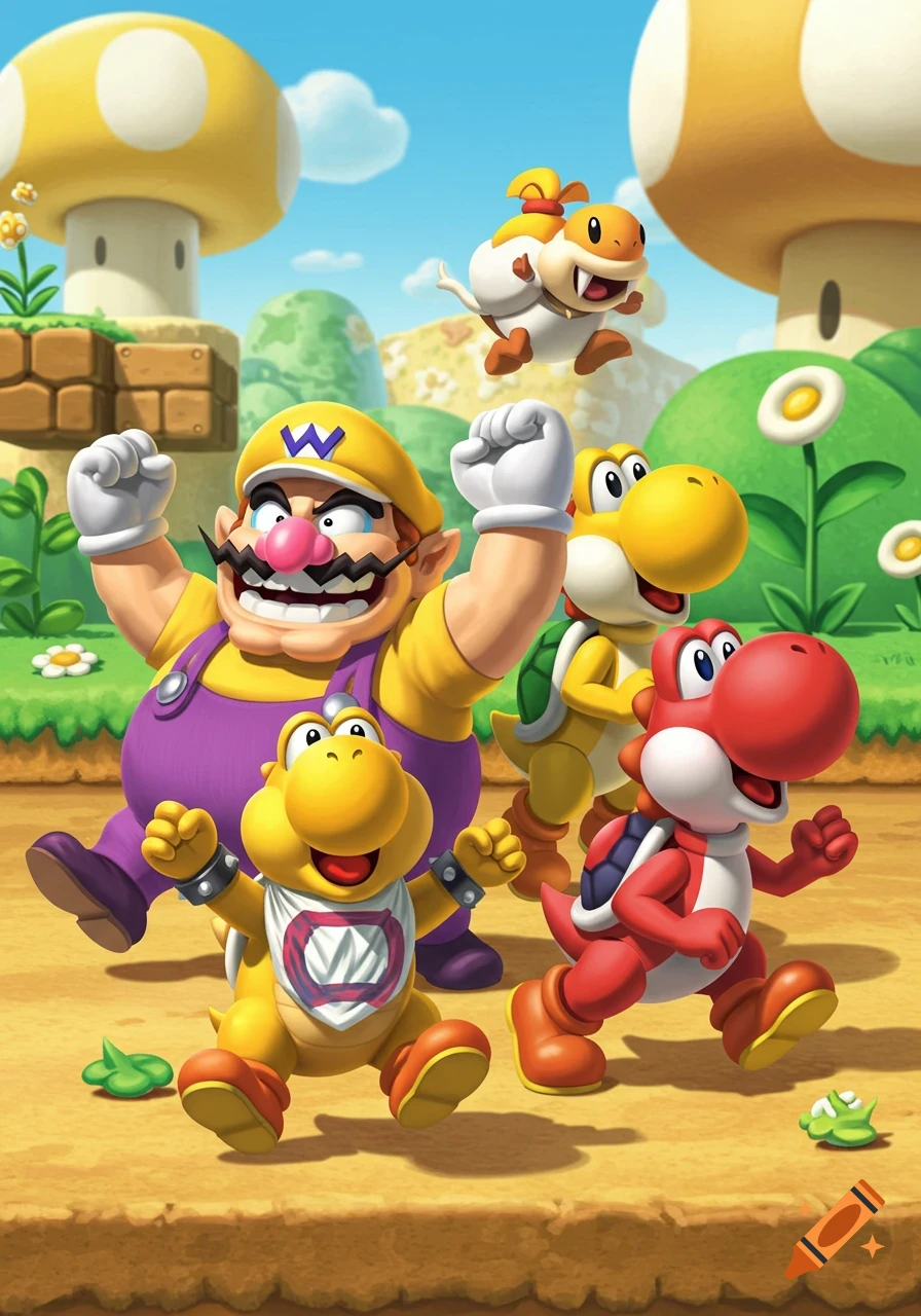 Wario flexes with Yellow Yoshi, Red Yoshi, a yellow Koopa Troopa, and a jumping Hammer Bro in a vibrant Mario landscape.