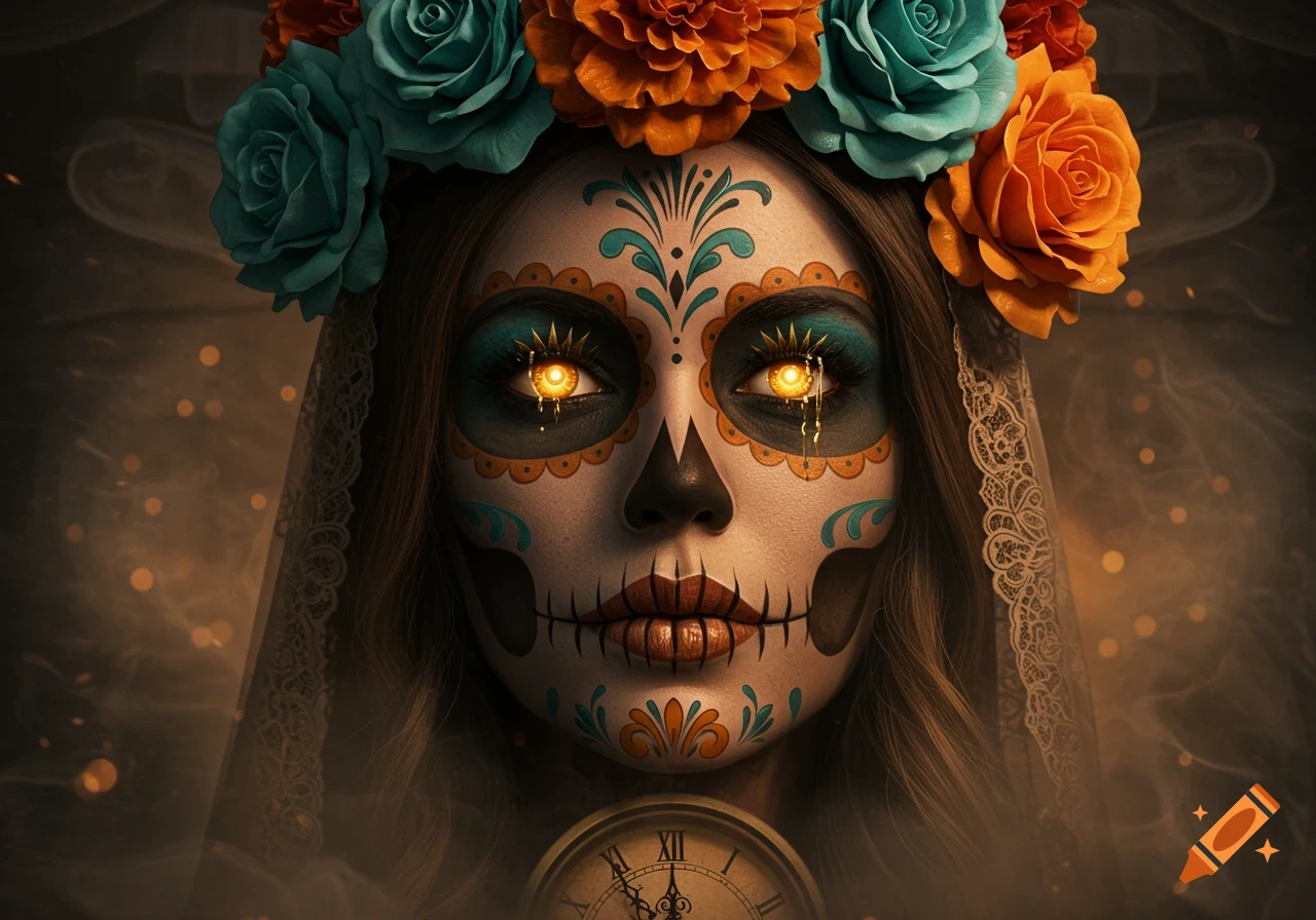 Close-up of a woman with intricate Catrina skull makeup and a floral crown, with glowing eyes and a clock showing 8 o'clock below.