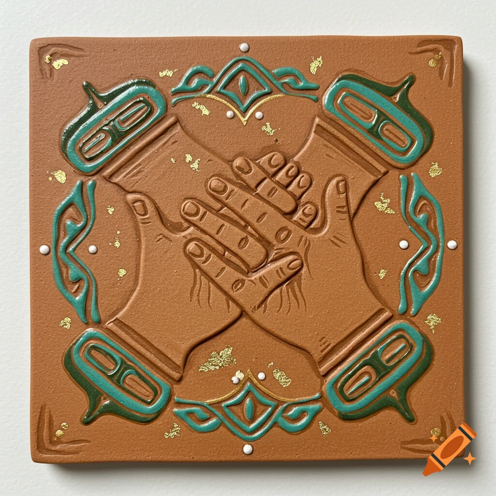 Handmade terracotta tile with stylized clasped hands in relief, accented with teal and gold designs.