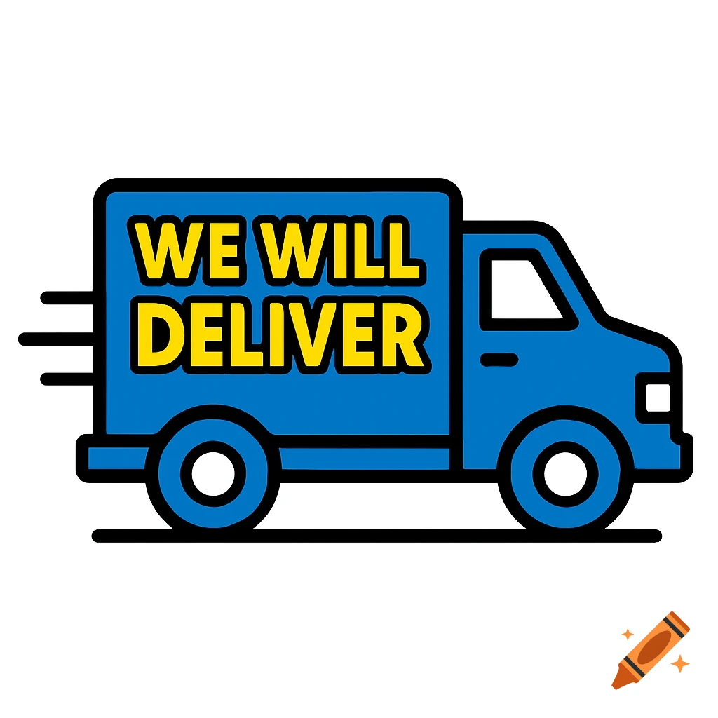 A blue clip art delivery truck with yellow text 'WE WILL DELIVER' on its side, speeding forward.