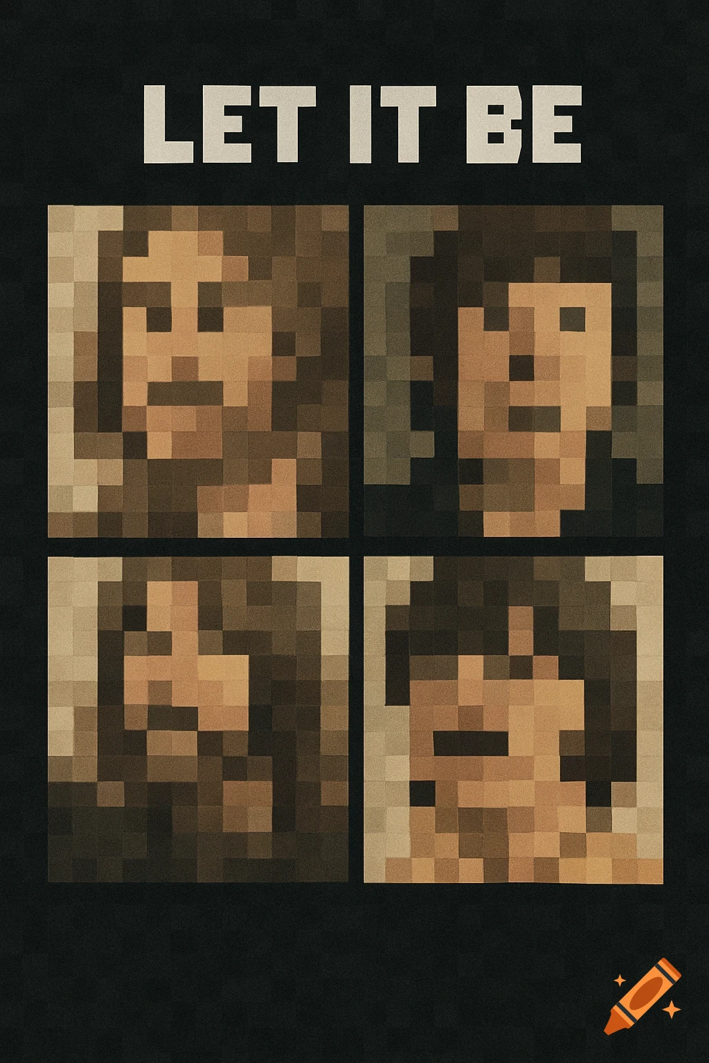 A pixelated rendition of The Beatles' 'Let It Be' album cover, showing four pixelated portraits in a grid and 'LET IT BE' text.