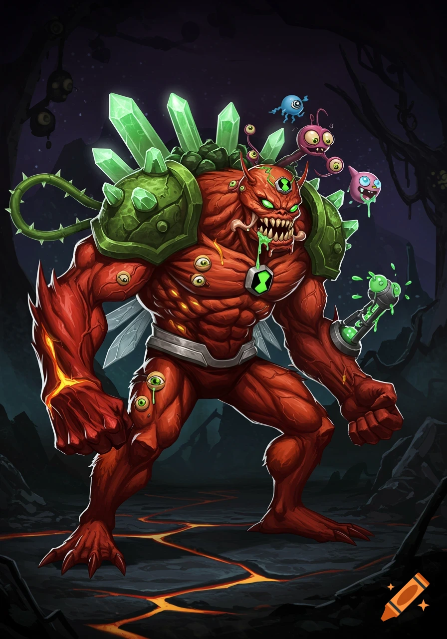 A monstrous, muscular red alien character with green crystals on its back, multiple eyes, sharp teeth, and glowing green details, standing in a dark, molten cave.