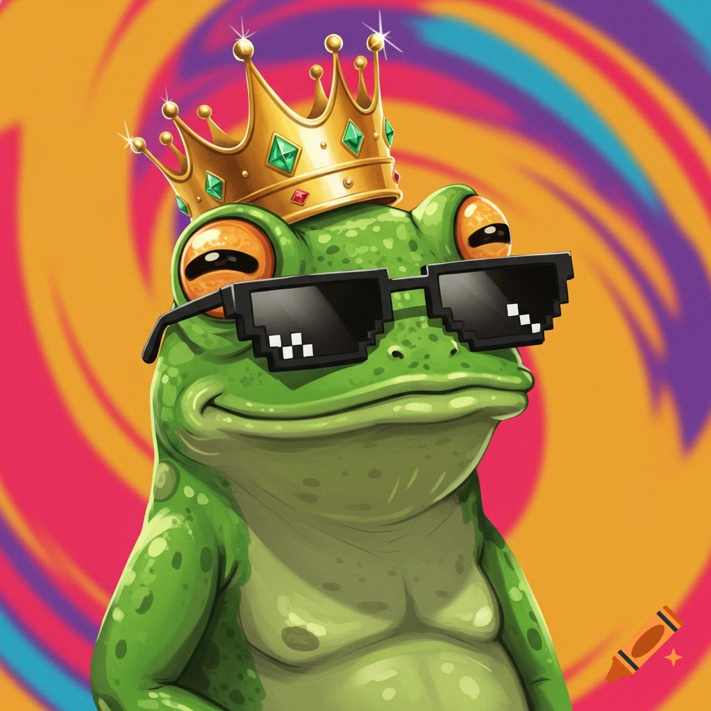 Cartoon frog with a gold crown and black pixelated sunglasses against a colorful swirling background.