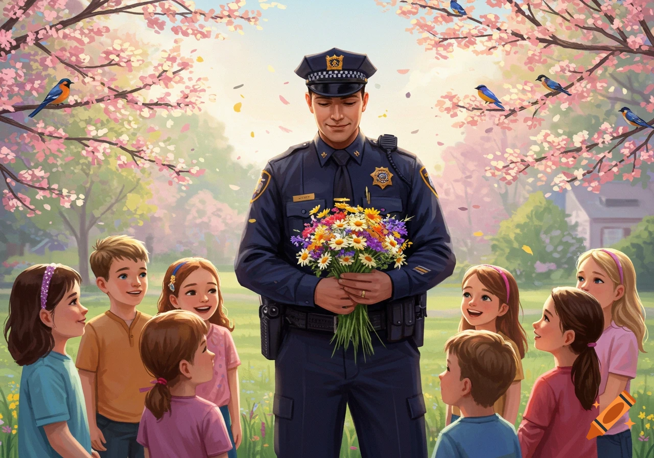 A smiling police officer holds flowers, surrounded by happy children in a spring park with cherry blossoms and birds.