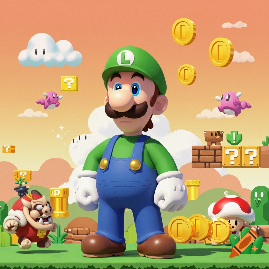 Luigi stands in a colorful Super Mario landscape with question blocks, coins, enemies, and Toad under an orange sky.