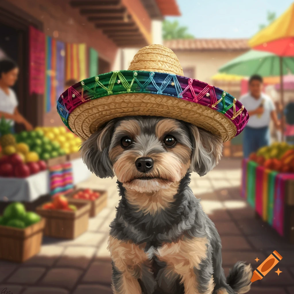 A small Morkie dog in a colorful sombrero sits in a bustling outdoor market with blurred fruit stalls and people in an illustrated style.