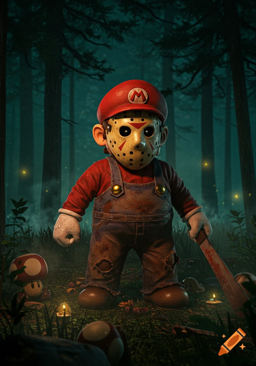 Mario dressed as Jason Voorhees with a bloody machete in a dark, eerie forest with glowing mushrooms and candles in a realistic, stylized render.