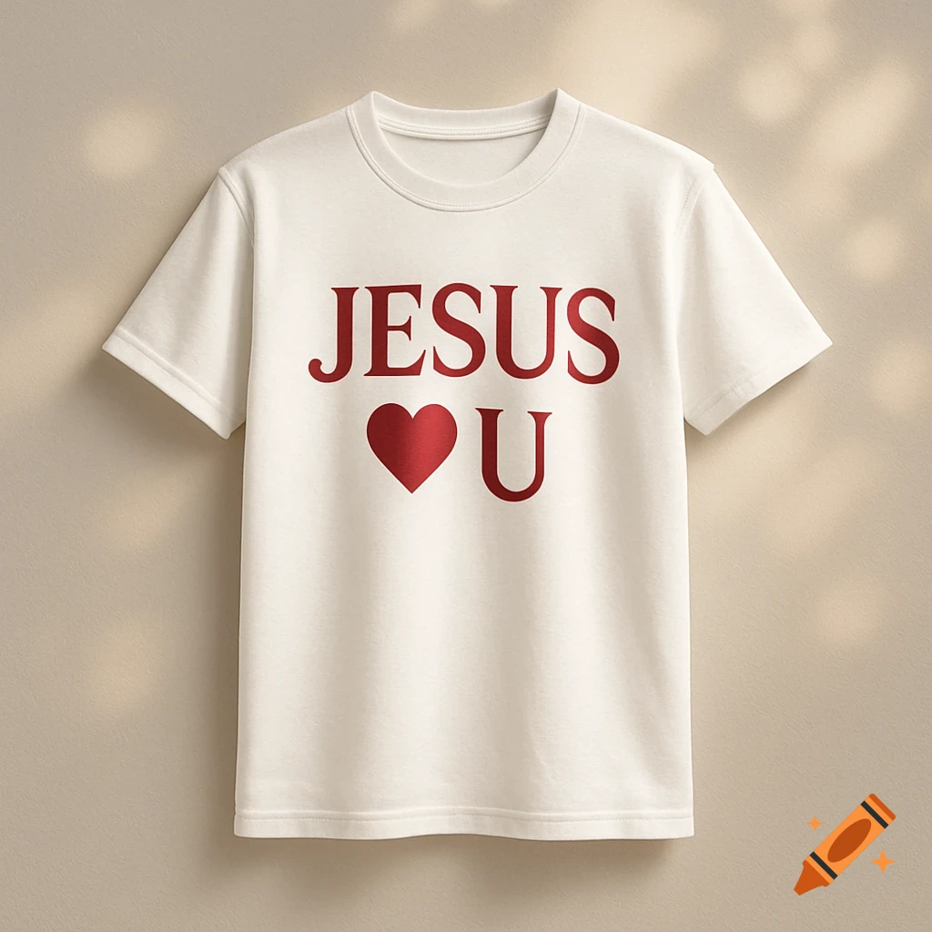 A white t-shirt with 'JESUS T U' in red text and a heart symbol, displayed against a light brown wall.