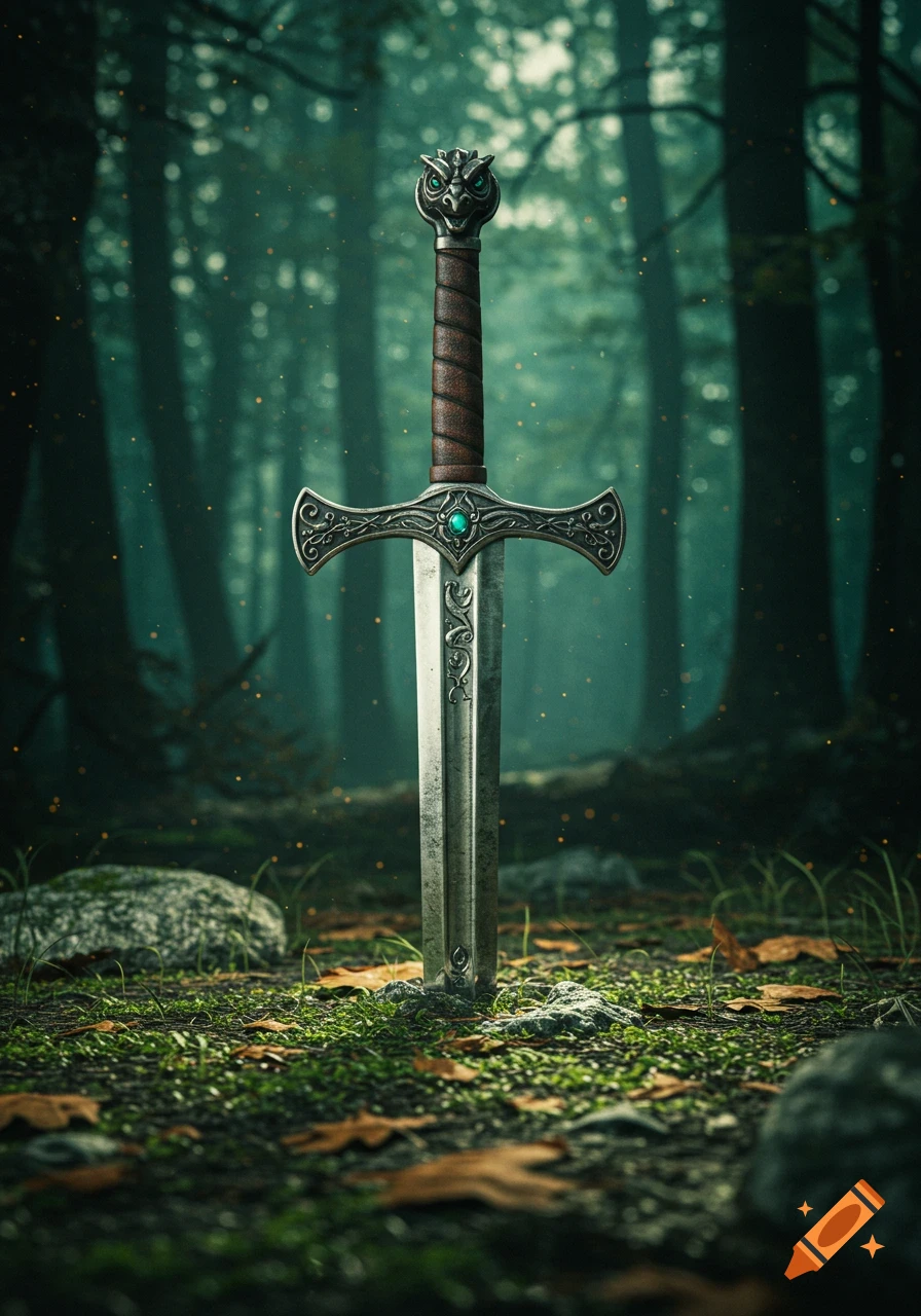 An ornate knight's sword with a turquoise jewel in its hilt stands upright in mossy forest ground, surrounded by trees and golden light particles.
