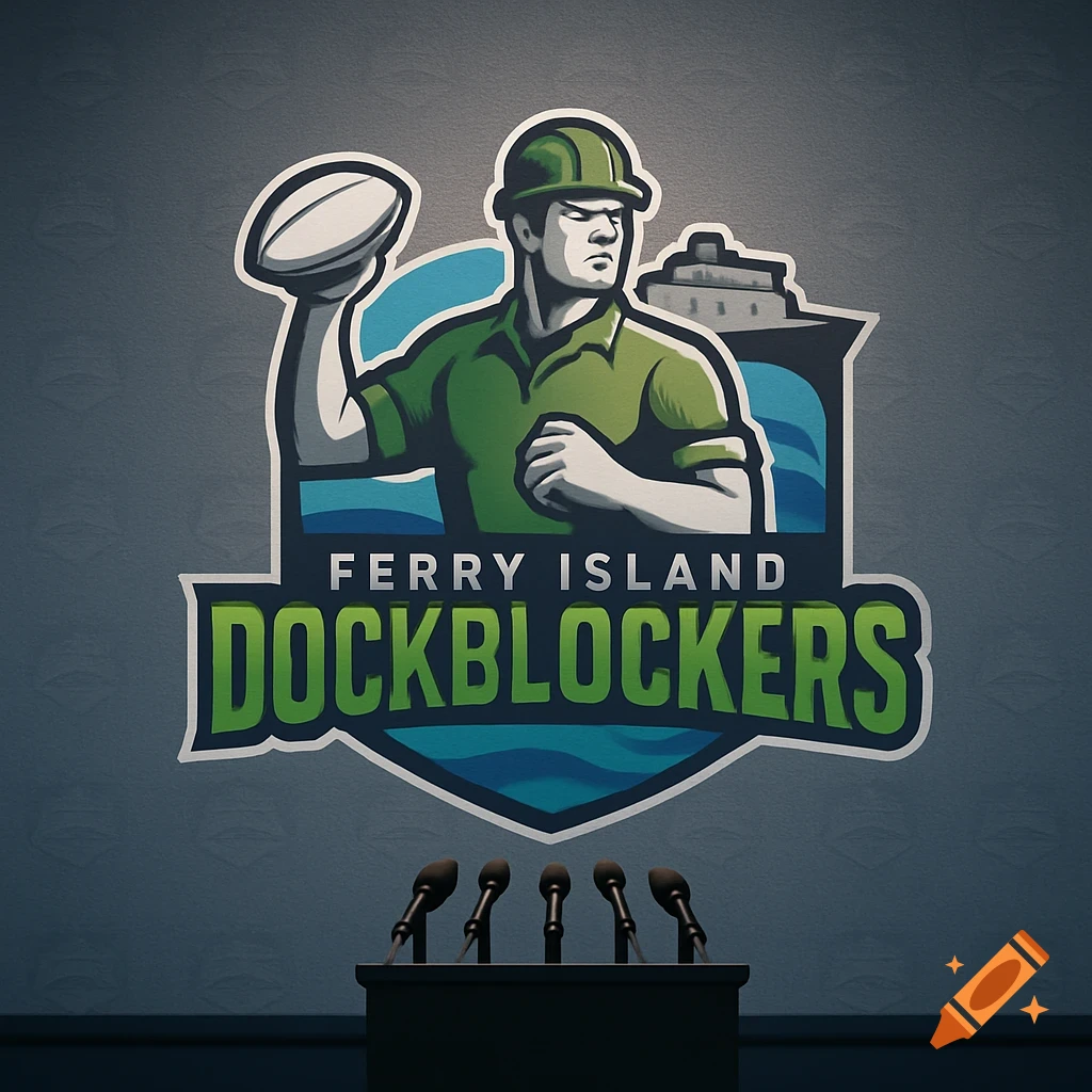 Sports team logo for Ferry Island Dockblockers featuring a worker with a football, ferry, on a press conference wall.