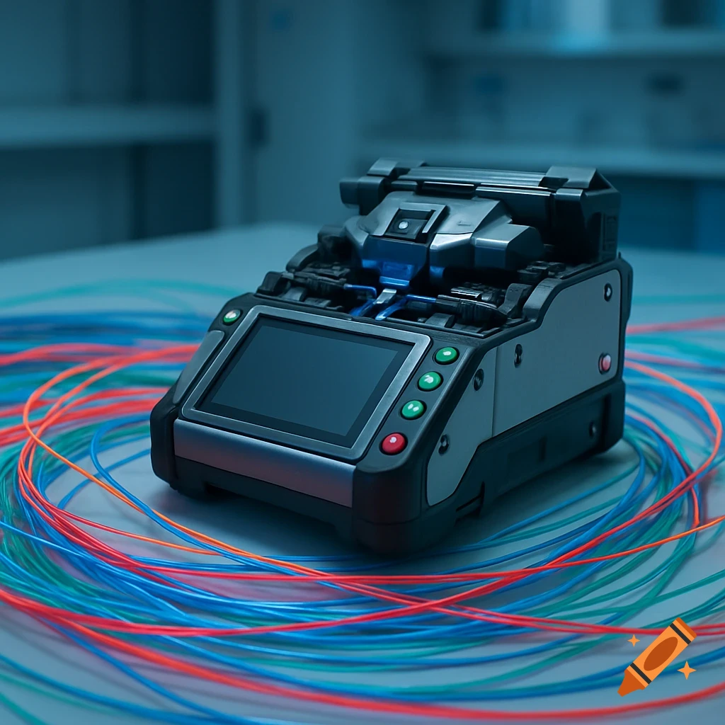 Photorealistic close-up of a fiber optic splicing machine surrounded by colorful cables.