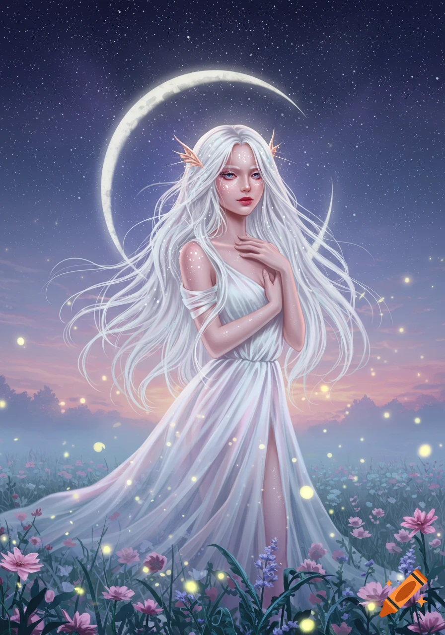 Ethereal woman with white hair in a flowing dress stands in a wildflower field under a starry night and crescent moon, glowing lights.