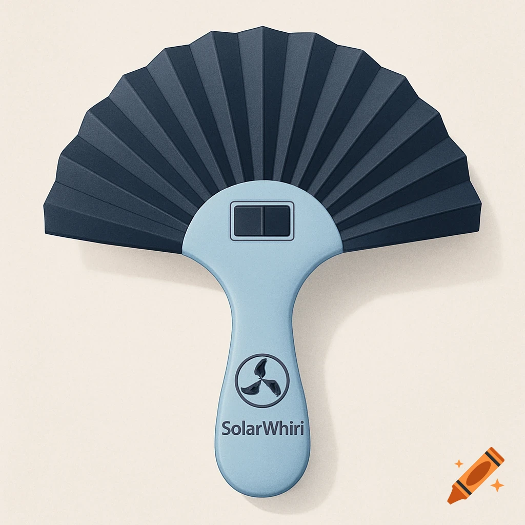 A light blue hand-held solar fan with a dark blue folded fan section. The handle features a three-bladed logo and the text "SolarWhiri".