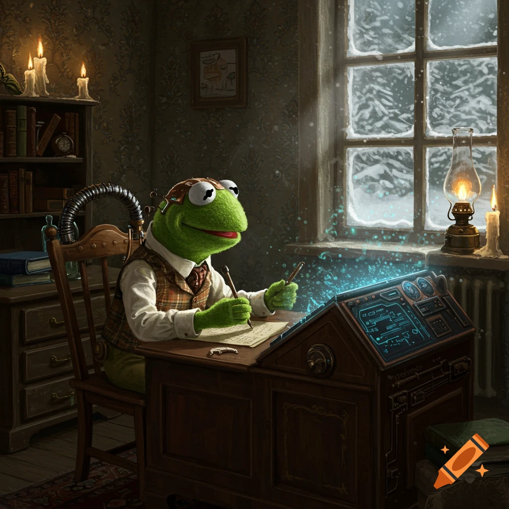 Kermit the Frog, dressed in a waistcoat and goggles, writes at a wooden desk with a glowing steampunk cyberdeck in a cozy, snowy room.