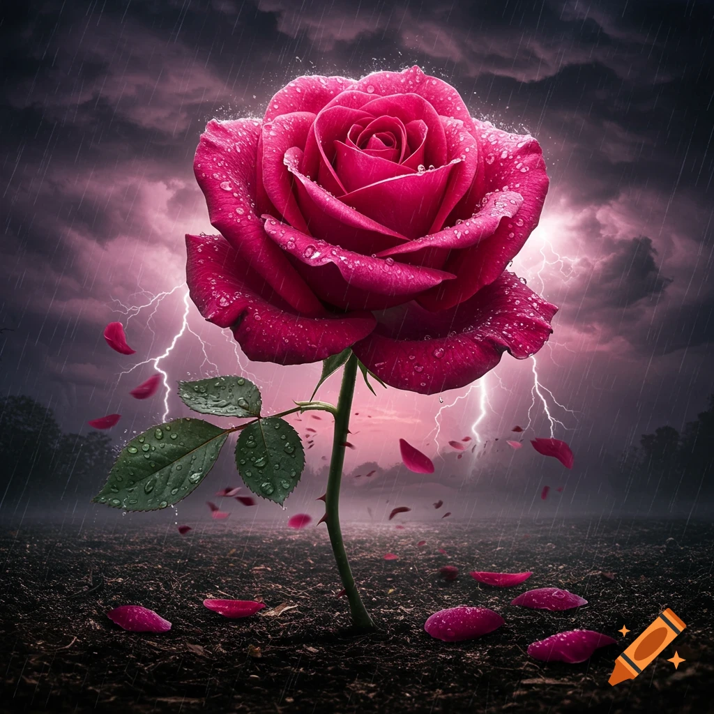 A vibrant pink rose, covered in raindrops, stands in a dark, stormy landscape with lightning and falling petals. Photorealistic style.