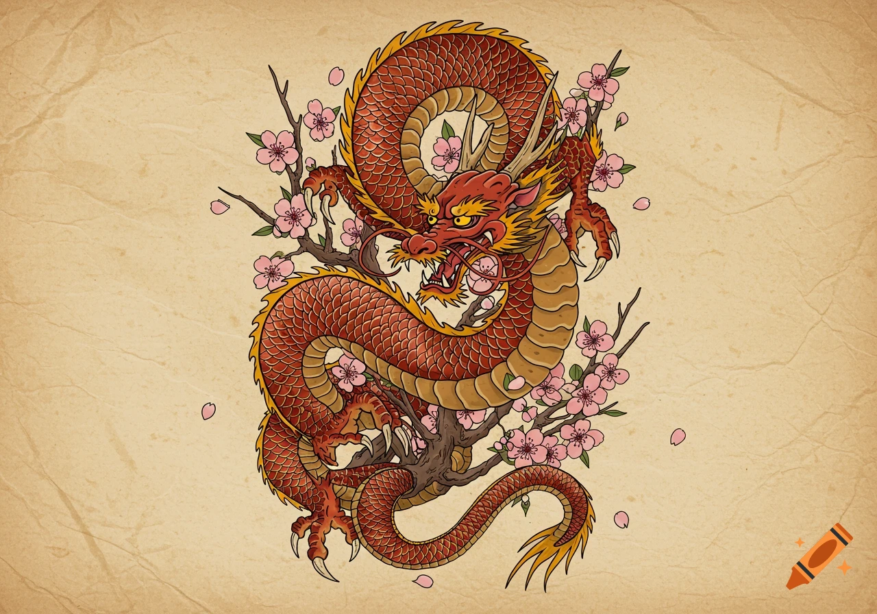 A traditional Japanese-style red and gold dragon is coiled around branches of pink cherry blossoms, set against a textured, aged paper background.