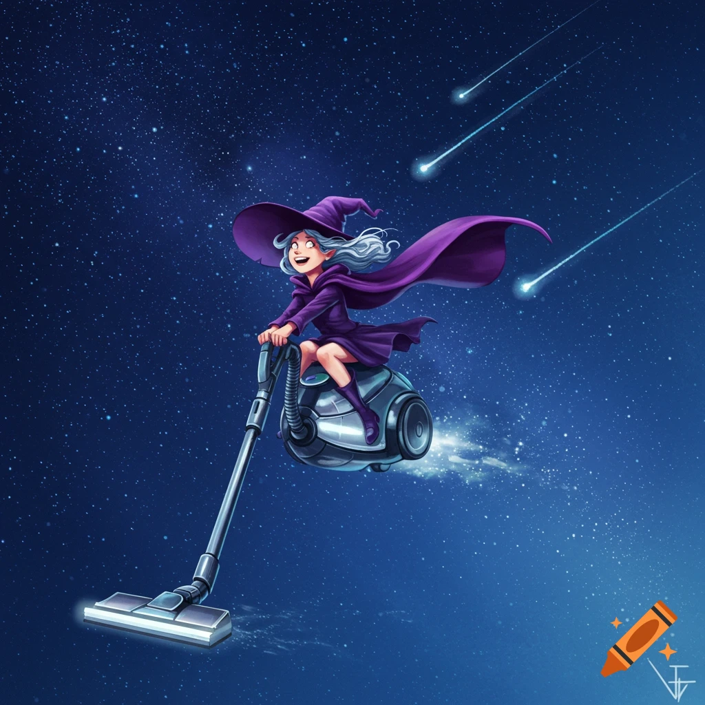 A cheerful cartoon witch with white hair and a purple hat flies on a vacuum cleaner through a starry night sky with shooting stars.