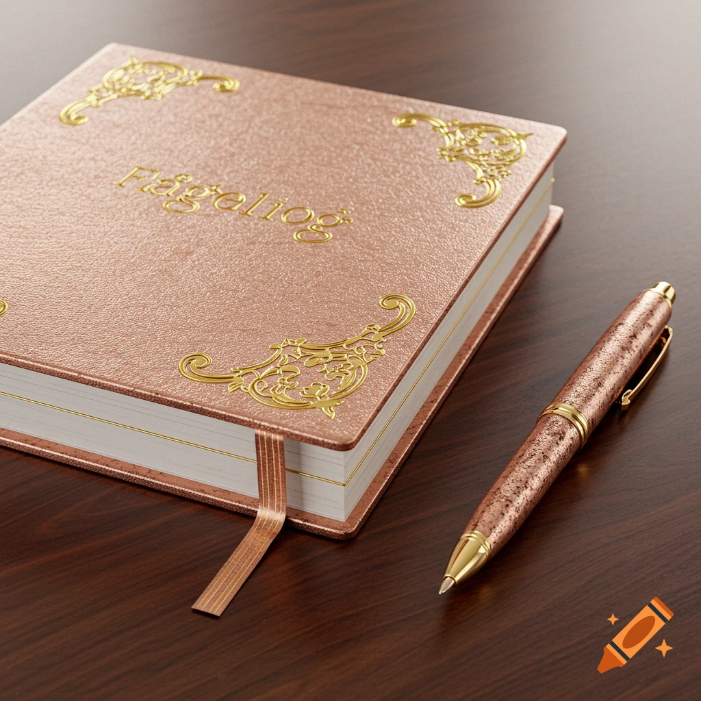 A pink and gold notebook with ornate gold detailing and a bronze-colored pen resting on a dark wooden desk.