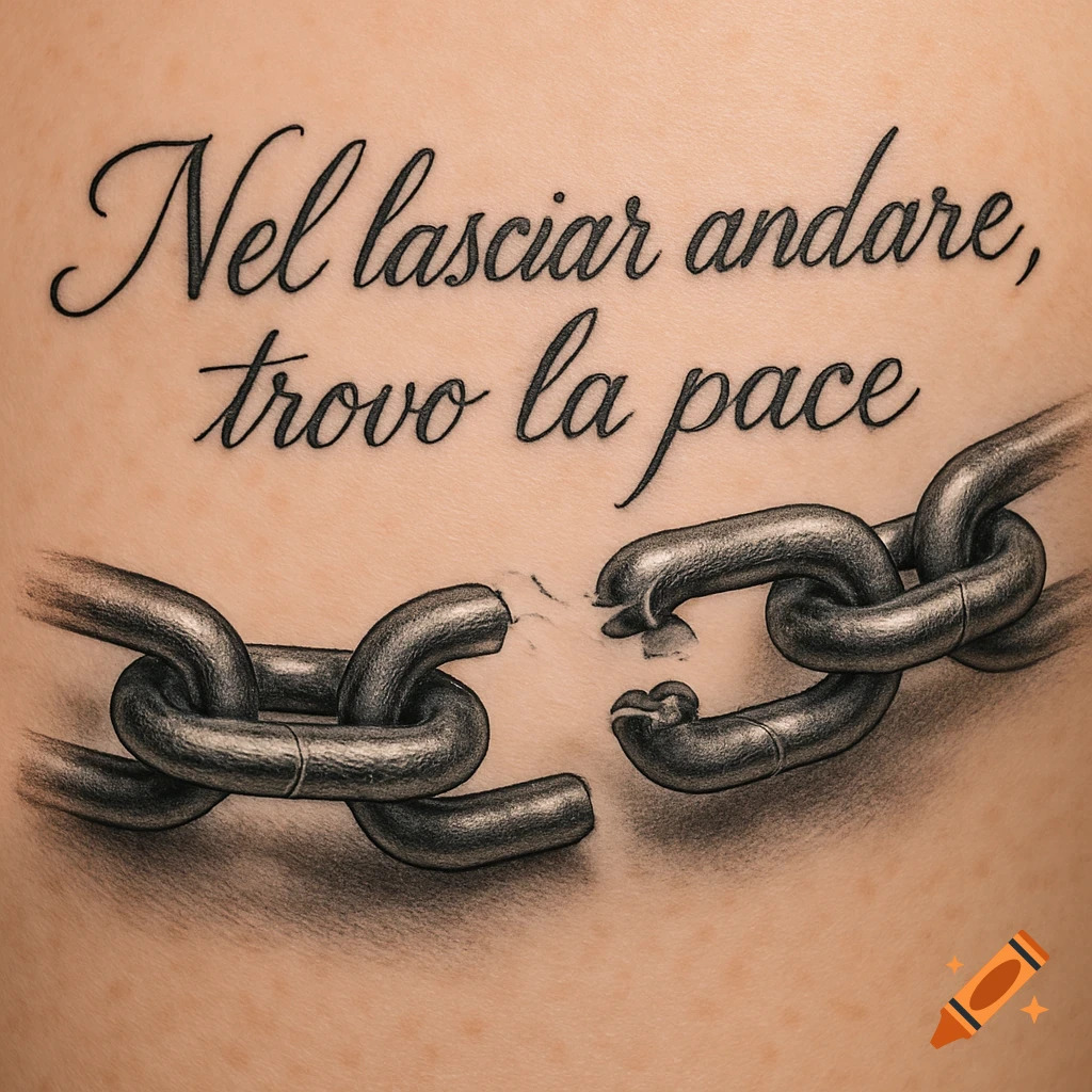 Realistic tattoo on skin depicting a broken metal chain below the Italian text "Nel lasciar andare, trovo la pace" (In letting go, I find peace).