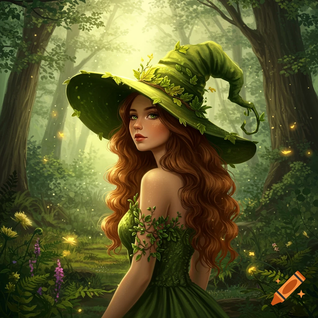 A fantasy illustration of a woman with long brown hair, wearing a green leafy dress and hat, looking over her shoulder in a glowing forest.
