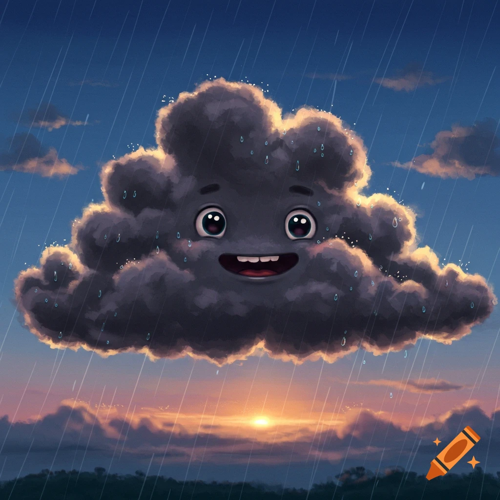 A happy cartoon rain cloud with a big smile floats in a blue sky with rain falling. A sunset glows below the cloud over a distant landscape.
