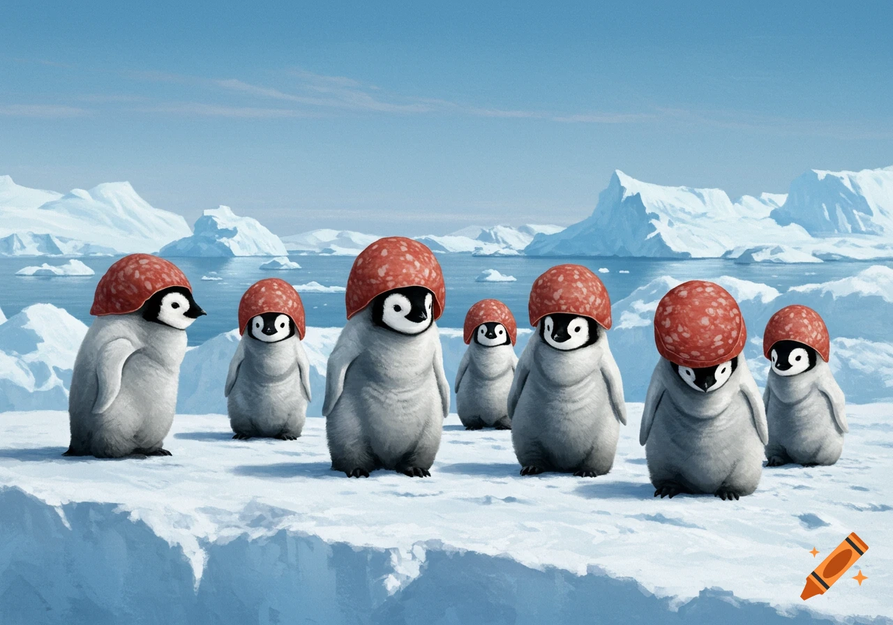 Seven baby penguins wearing salami hats stand on an icy landscape with snow-covered mountains and water.
