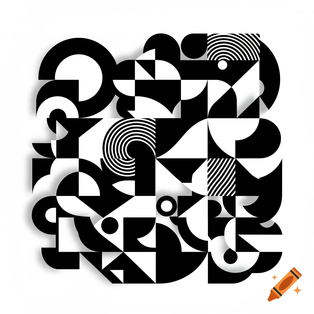 Abstract black and white geometric pattern with circles, squares, triangles, and striped elements.