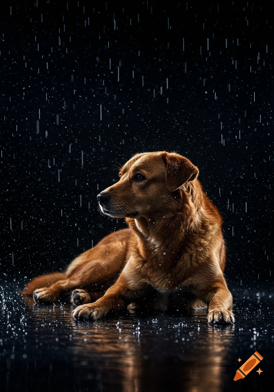 A brown dog lies on a reflective surface in falling rain against a dark background, looking to the side. Photorealistic style.