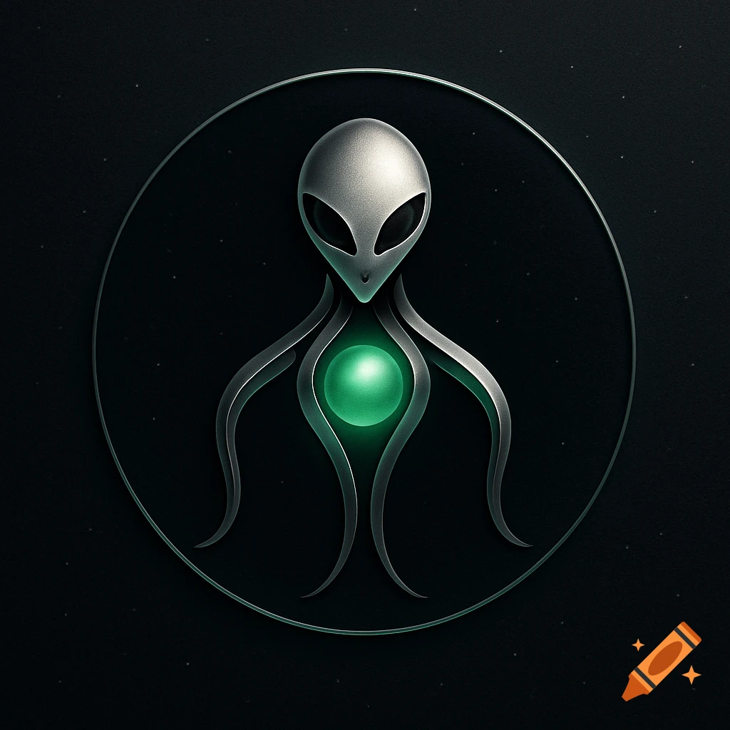 Stylized metallic alien logo with a glowing green orb in its chest, encased in a circle on a dark, starry background.