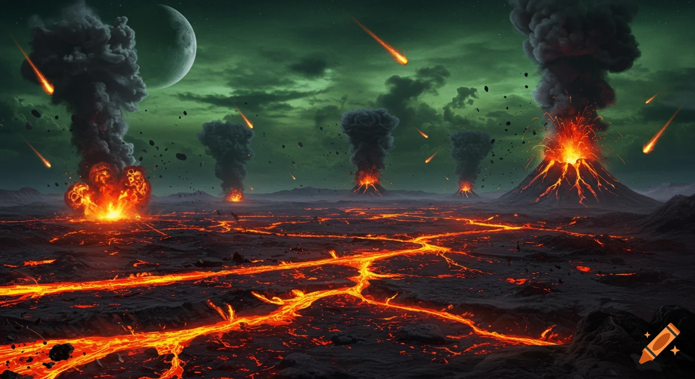 Volcanic early Earth landscape with molten lava, erupting volcanoes, meteor showers, and a large moon under a green sky.