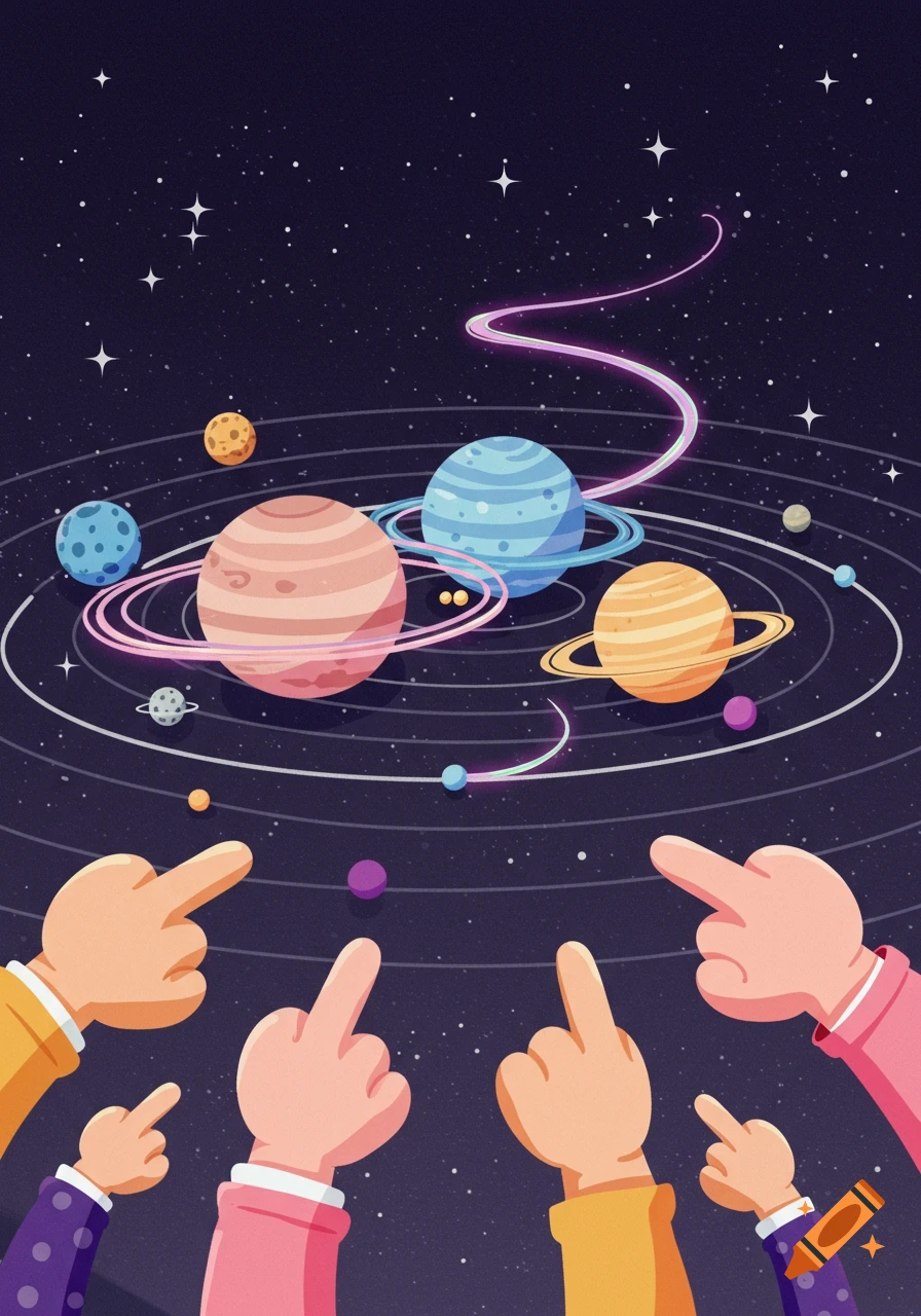 Cartoon hands point up at colorful planets orbiting in a starry, dark purple outer space.