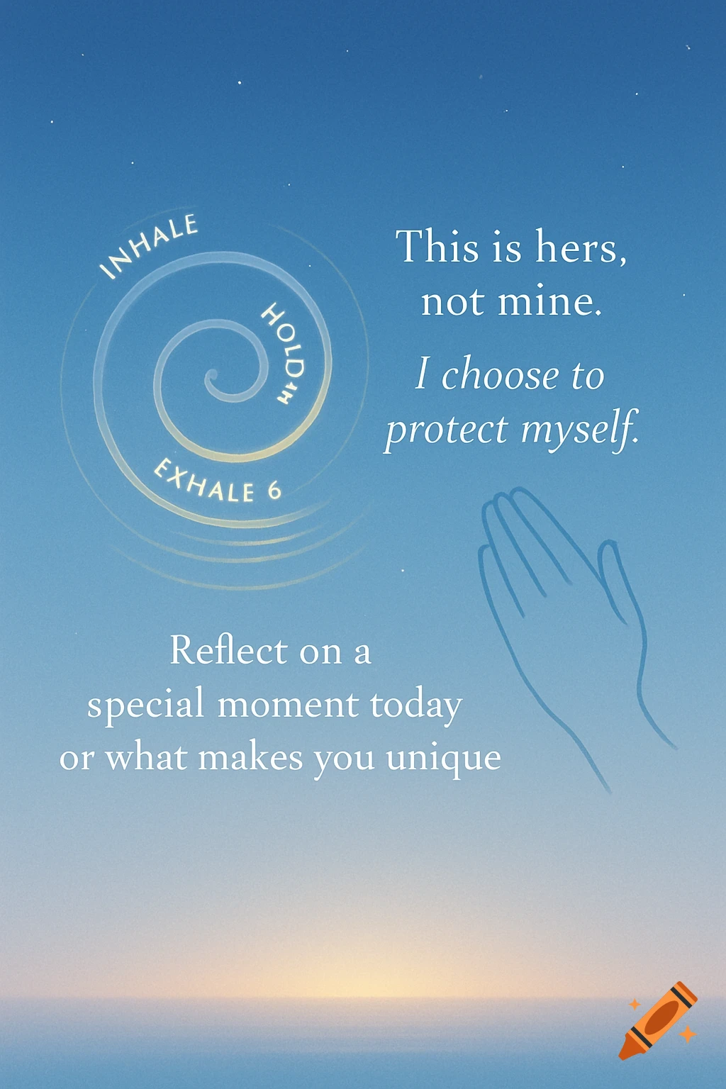 A light blue and white gradient background with a spiral graphic for breathing, lines of text in English, and an outline of hands in a prayer pose.
