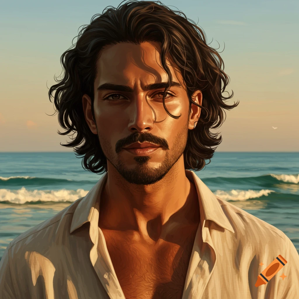 Digital art portrait of a tanned man with dark wavy hair and a goatee, standing on a beach with the ocean behind him.