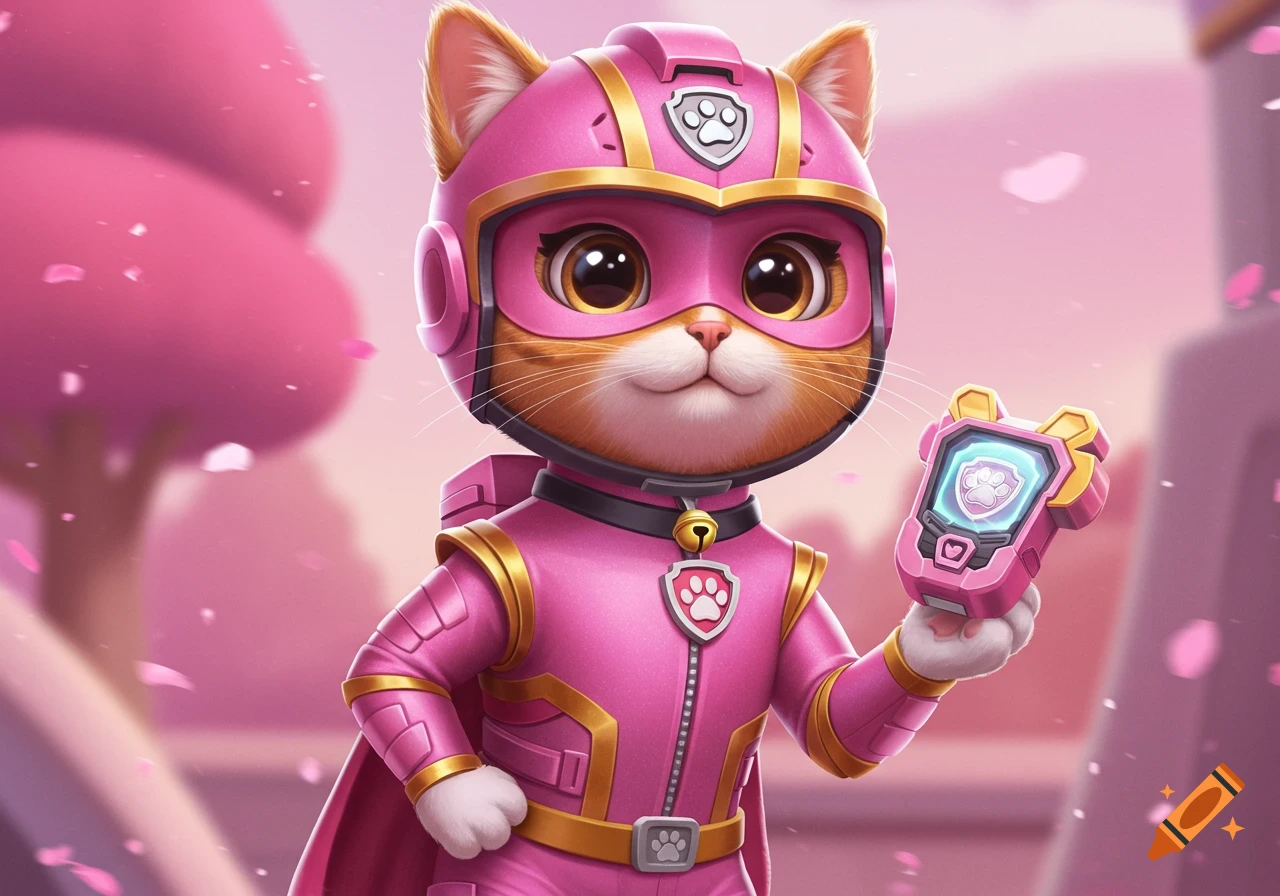 A cute ginger calico cat in a pink superhero suit and helmet, holding a pink gadget, standing proudly with cherry blossoms.