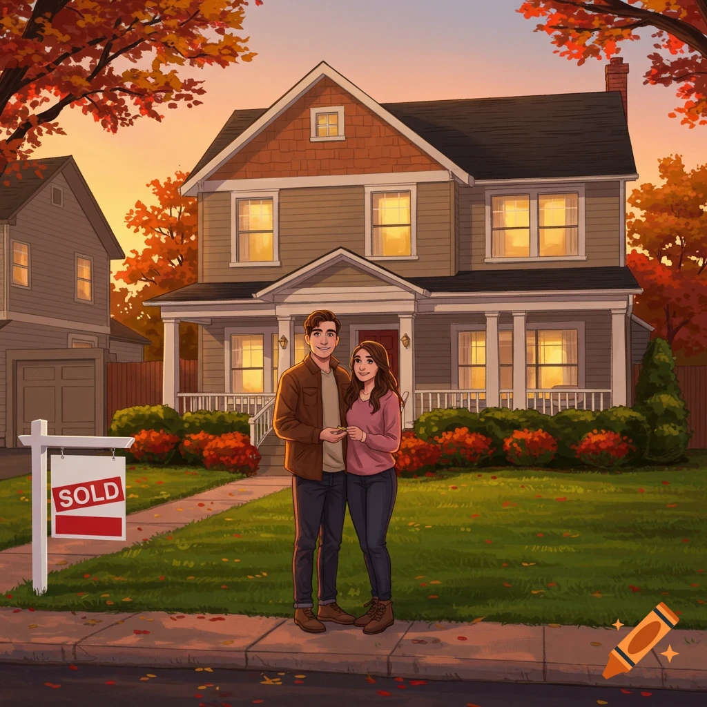 An illustration of a happy couple holding keys in front of their new house with a 'SOLD' sign, set in autumn.