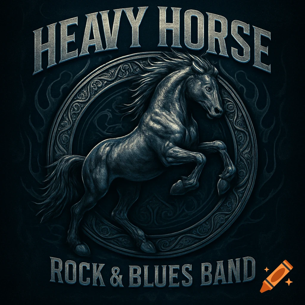 Metallic biker-style logo of a rearing horse within an ornate emblem, with 'Heavy Horse Rock & Blues Band' text.