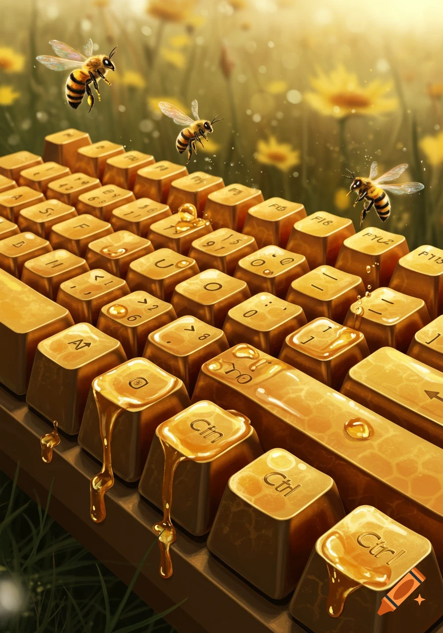 A close-up, high-angle shot of a keyboard with golden keys dripping with honey, surrounded by flying bees in a sunny field of yellow flowers.