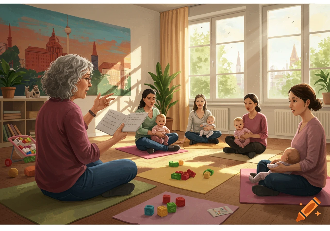 An older woman teaching German to a group of mothers holding their babies in a bright classroom.