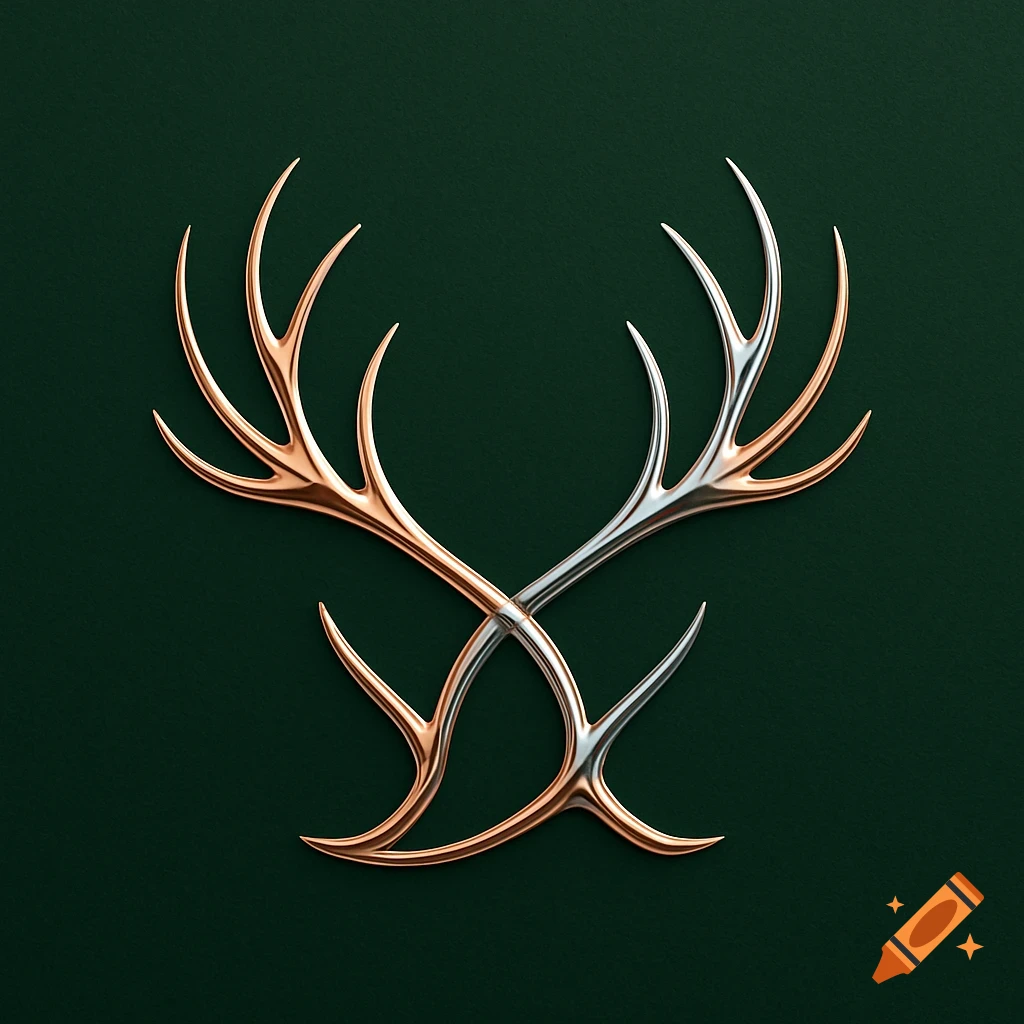 Symmetrical abstract logo of intertwined metallic copper and silver deer antlers on a dark green background.