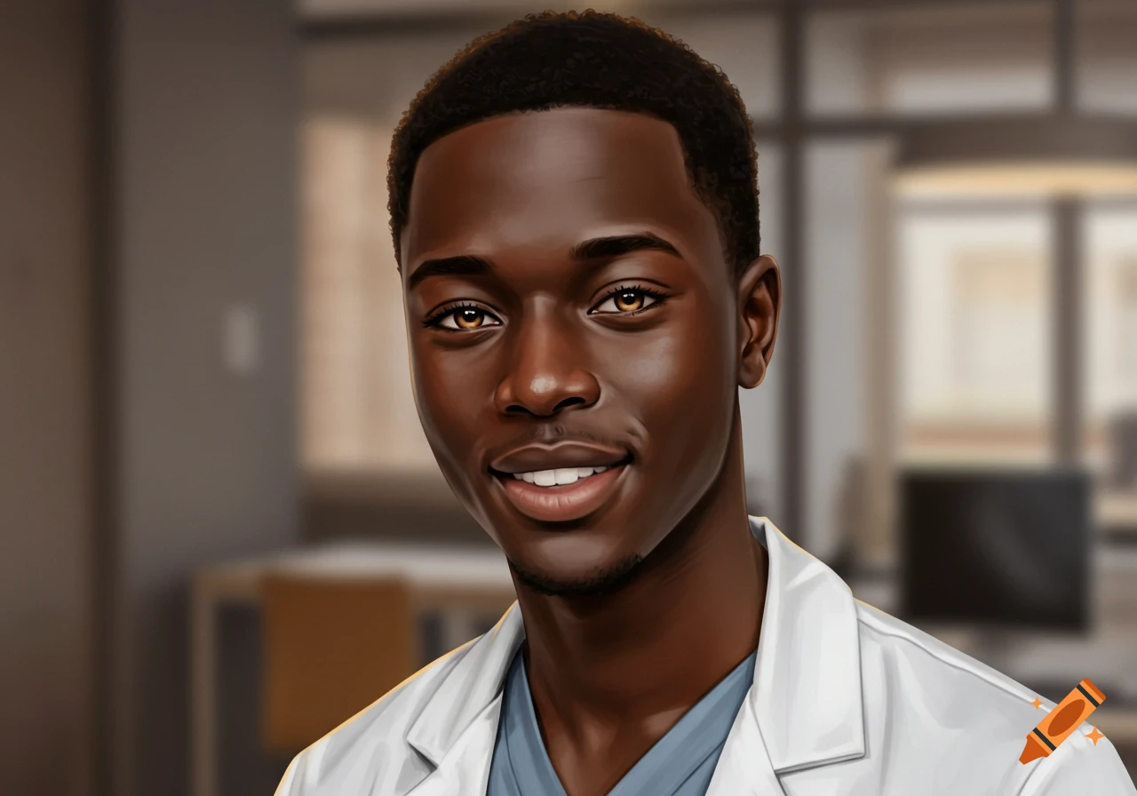 Digital painting of a smiling young Black man with amber eyes, dark skin, and short hair, wearing a white lab coat over blue scrubs.