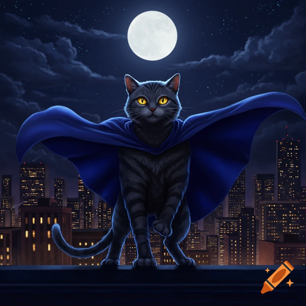 An illustration of a gray tabby superhero cat with a blue cape standing on a city rooftop at night under a full moon.