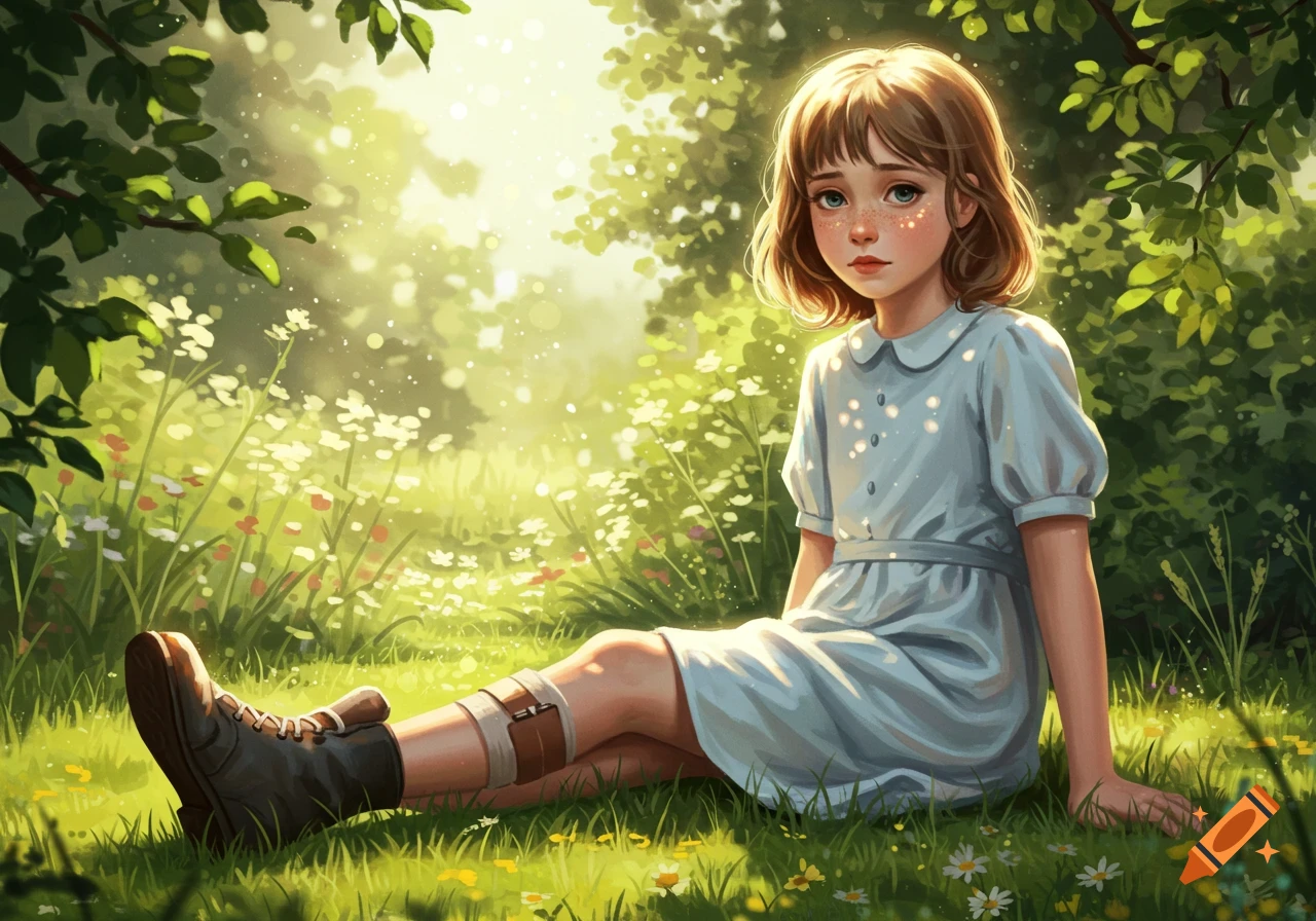 Dreamlike illustration of a young girl with a polio boot sitting in a sunny, flower-filled grassy field.
