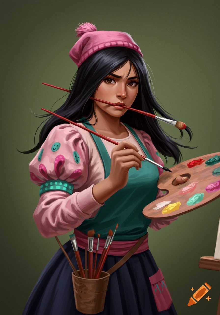A realistically rendered Peruvian female painter in a pink beret holds a palette and brushes, with a brush in her mouth.