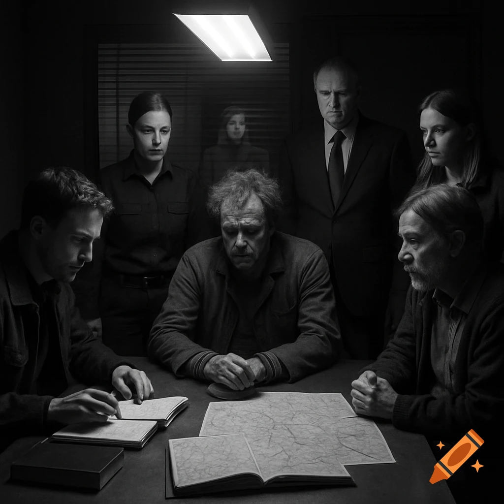 Black and white image of six people in a dimly lit interrogation room around a table with notebooks and maps.